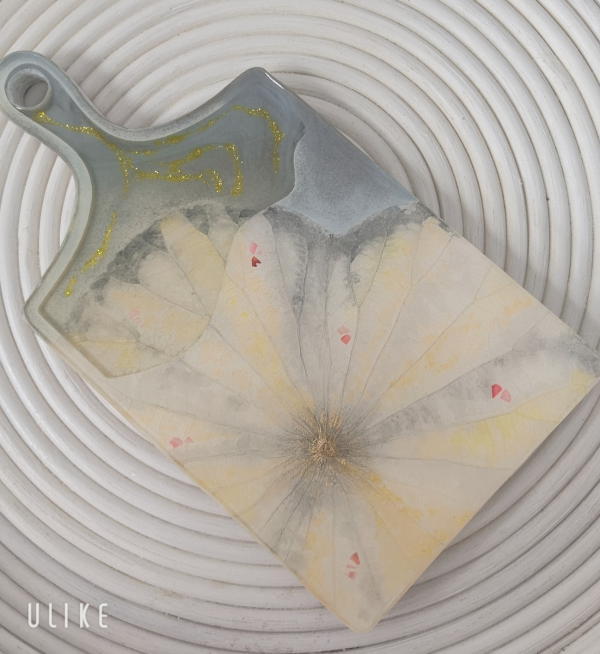 Wooden Serving Tray with Lotus Leaf